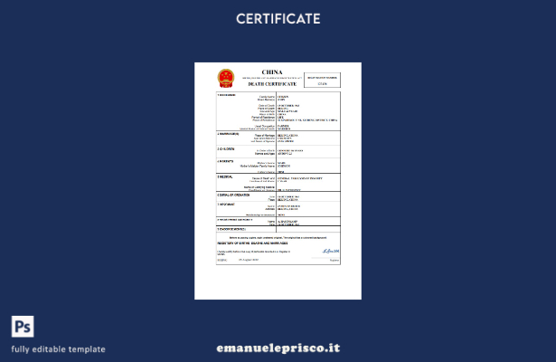 certificato di morte di documenti di stato civile in stile verificato modello Wo
